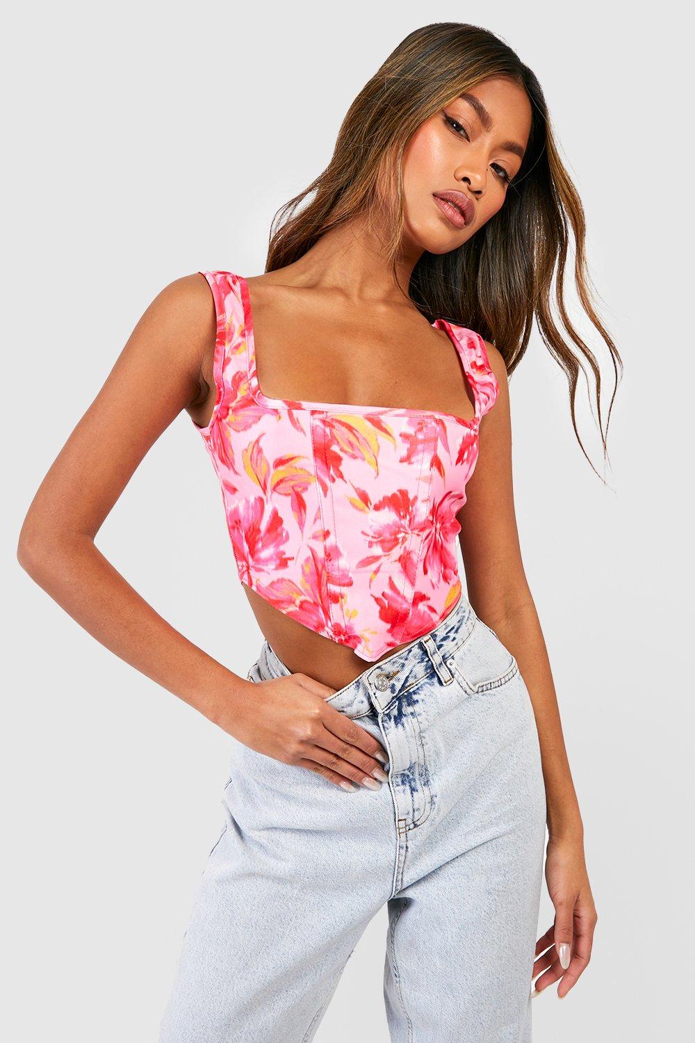 Hooked On a Feeling Floral Print Corset Crop Top in Red