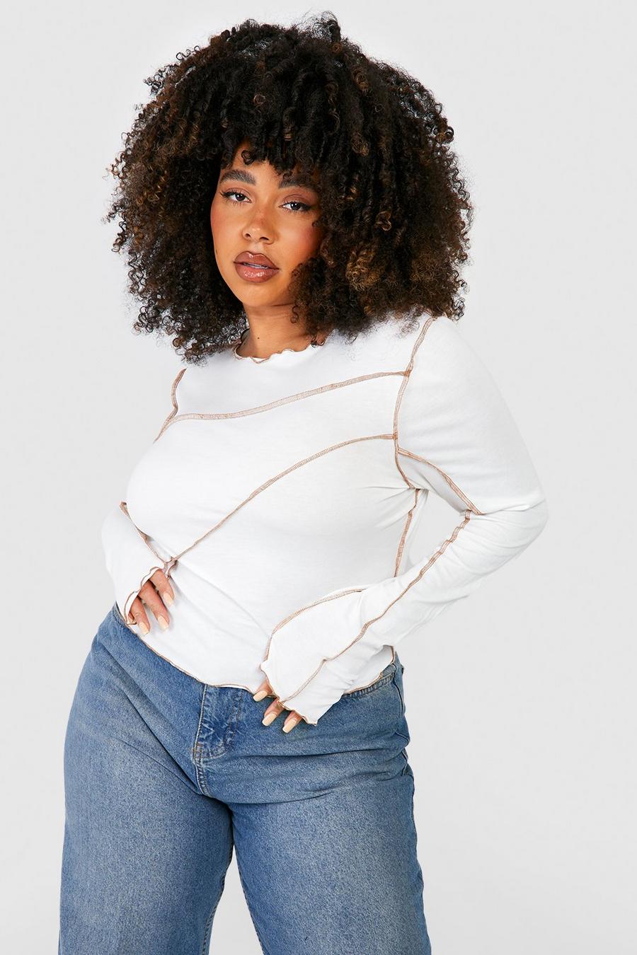 Grande taille - Crop top à coutures contrastantes, White image number 1