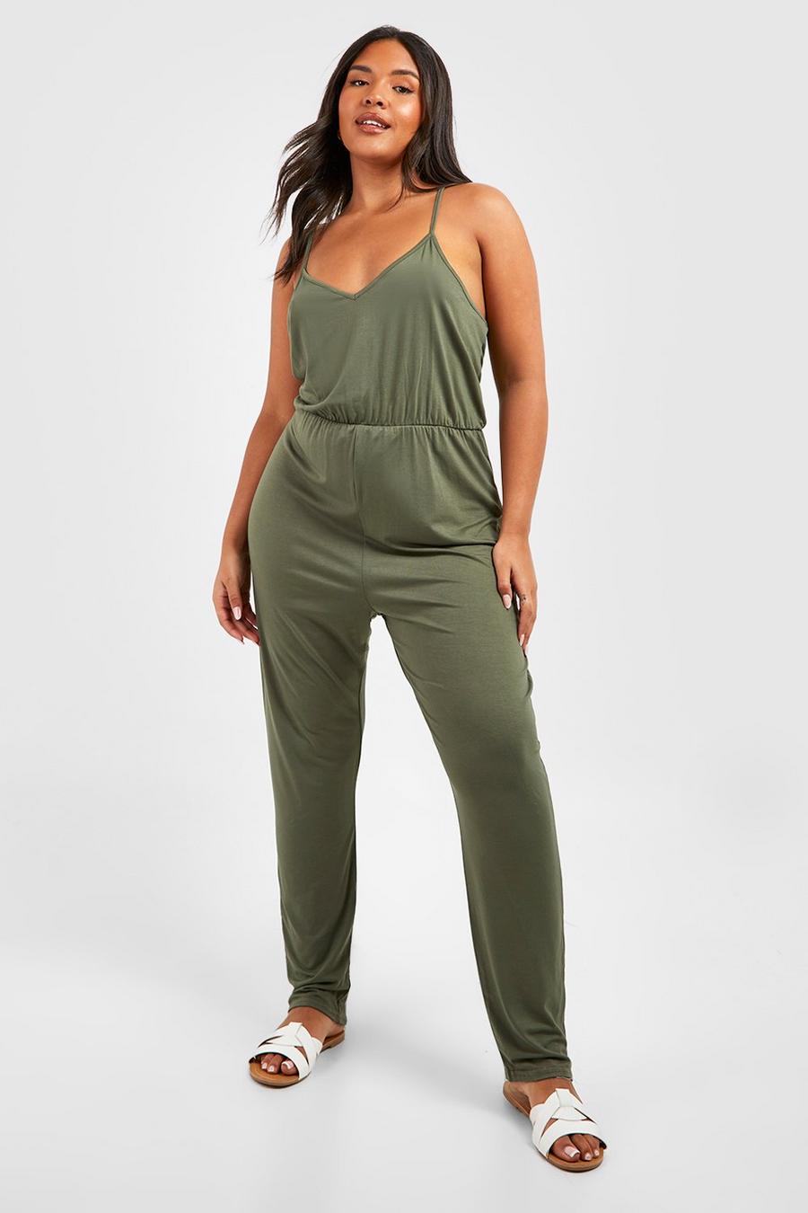 boohoo Plus Jersey Knit Basic Strappy Jumpsuit - Green - Size 24