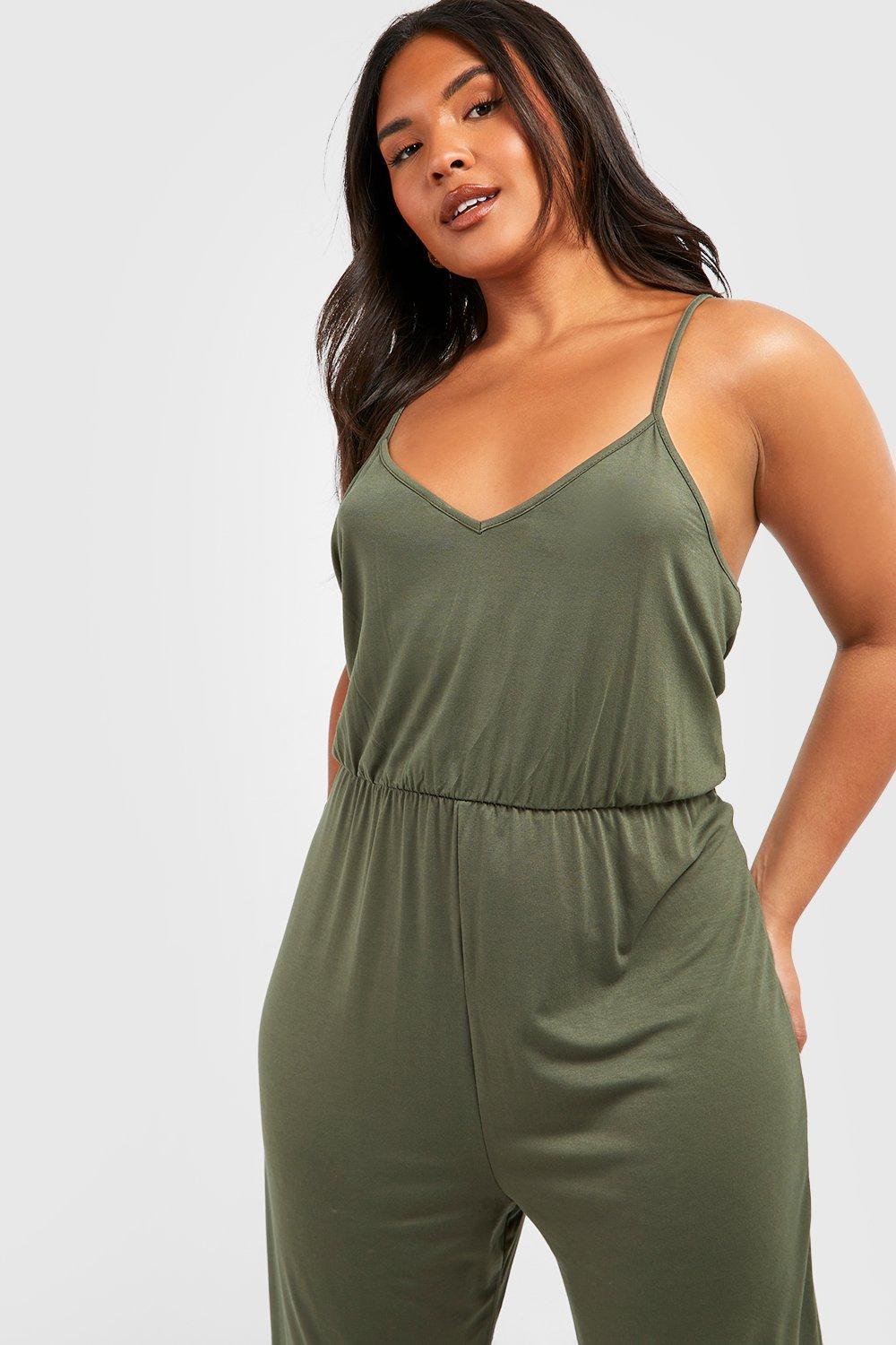 boohoo Plus Jersey Knit Basic Strappy Jumpsuit - Green - Size 24