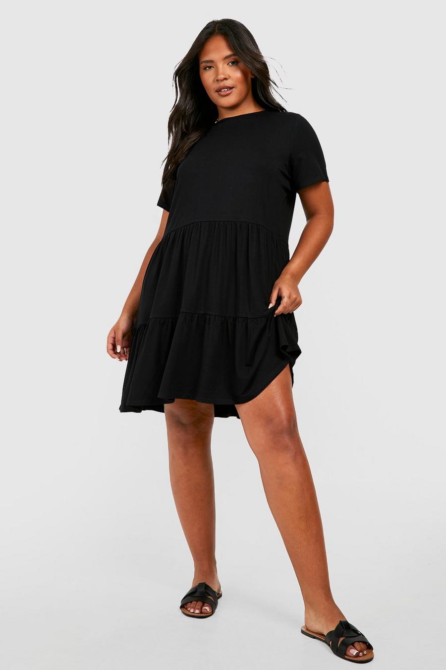 Black Plus Jersey Knit Tiered Smock Dress