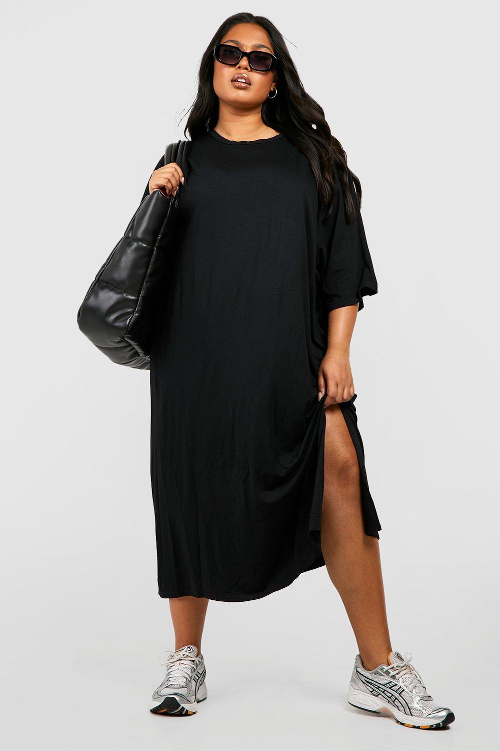 Plus Black Jersey Split Midi Dress