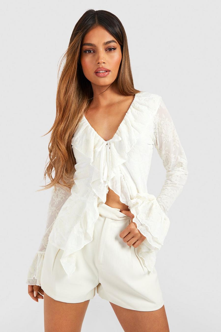 Cream Flocked Mesh Ruffle Detail Flare Cuff Top  image number 1