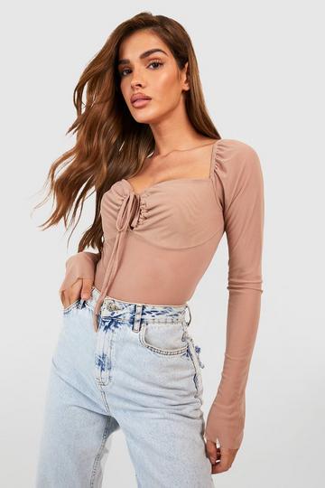 Sweetheart Neckline Mesh Tie Front Top taupe