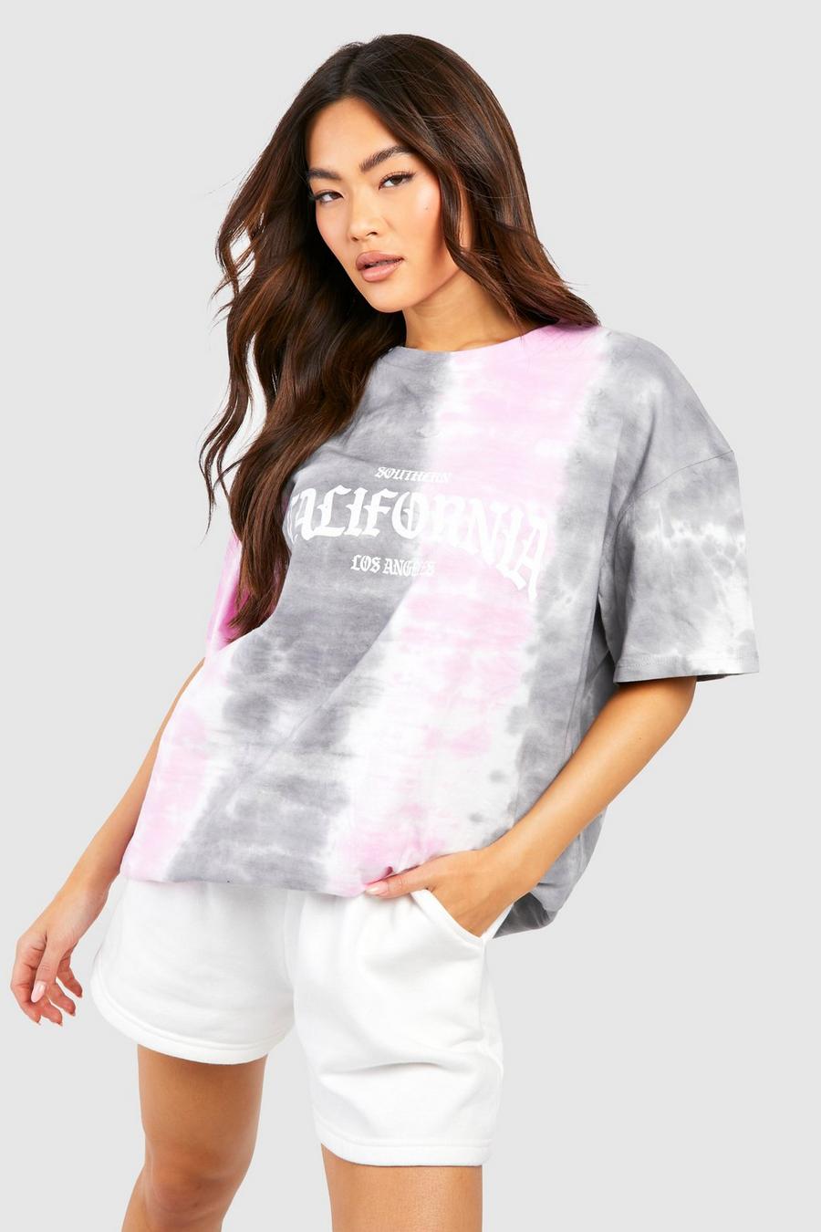Camiseta oversize con desteñido anudado y estampado de California, Grey