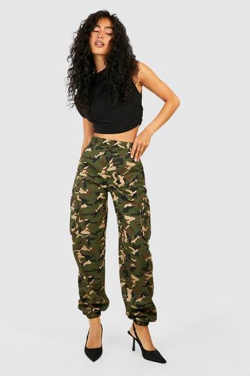 High Waisted Camo Print Cargo Pants khaki