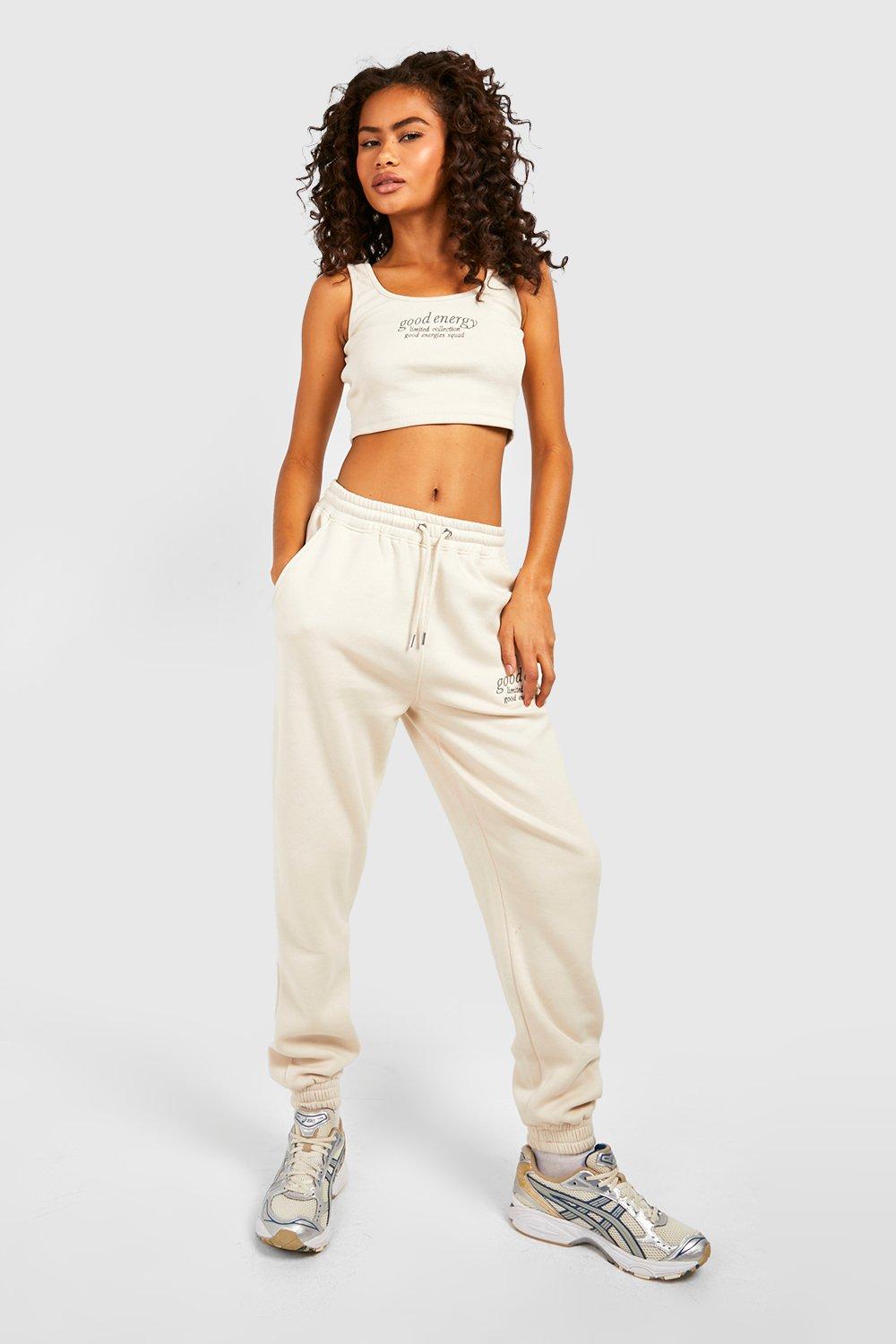 Ribbed Slogan Crop Top And Jogger Set boohoo