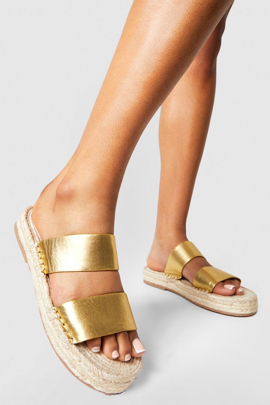 Gold metallic Double Strap Slip On Espadrille Sandals