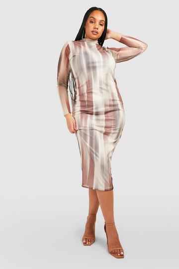 Plus Abstract Mesh Midi Dress stone