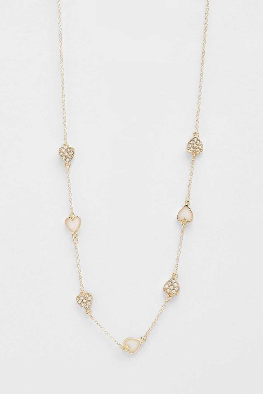 White Enamel Pave Heart Row Necklace image number 1