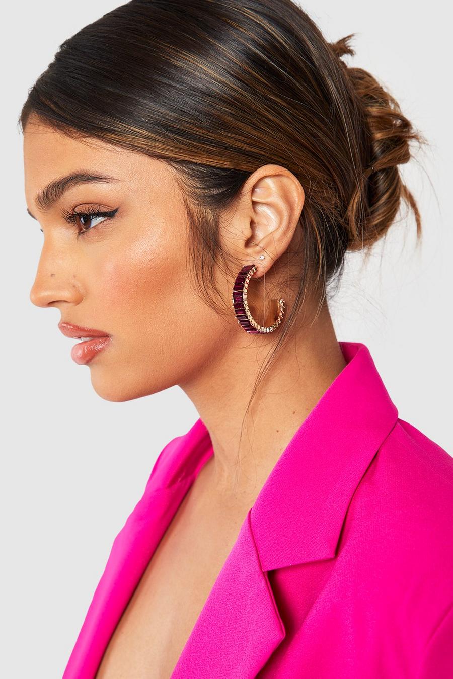 Hot Pink Baguette Hoop Earrings image number 1