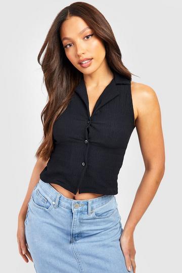 Tall Crinkle Textured Sleeveless Button Up Polo T-shirt black