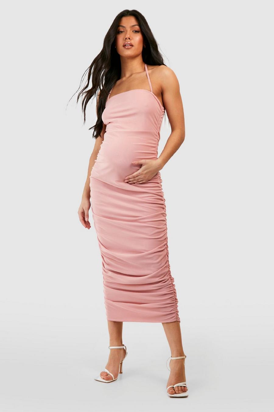 Blush pink Maternity Halter Ruched Mesh Midi Dress