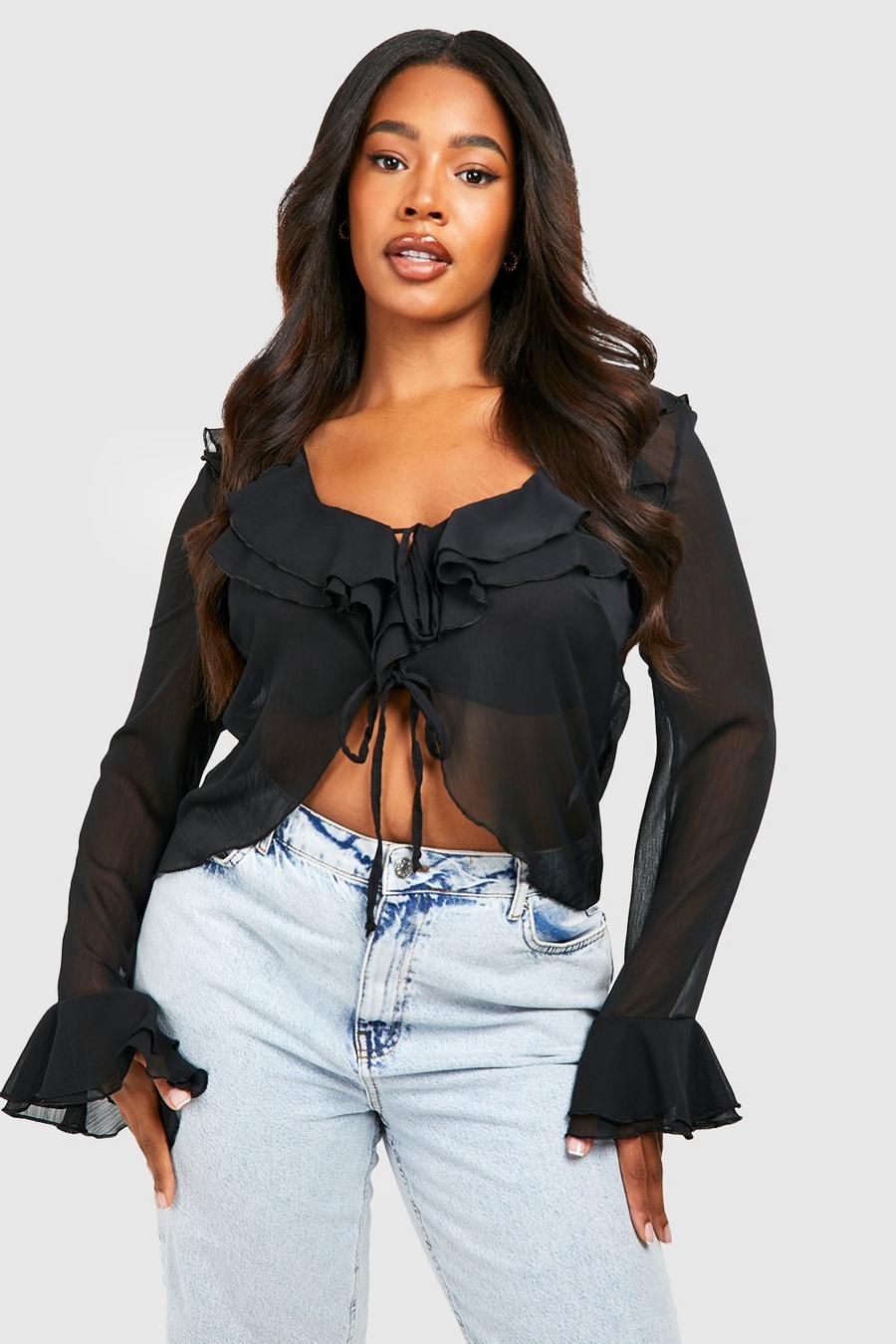 Black Plus Ruffle Front Tie Front Blouse image number 1