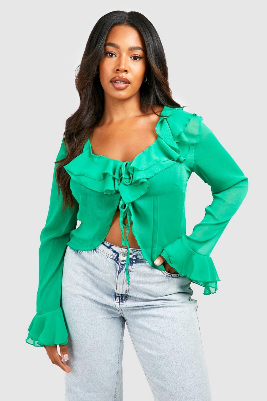 Green Plus Ruffle Front Tie Front Blouse image number 1