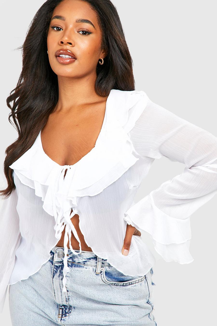 White Plus Ruffle Front Tie Front Blouse image number 1