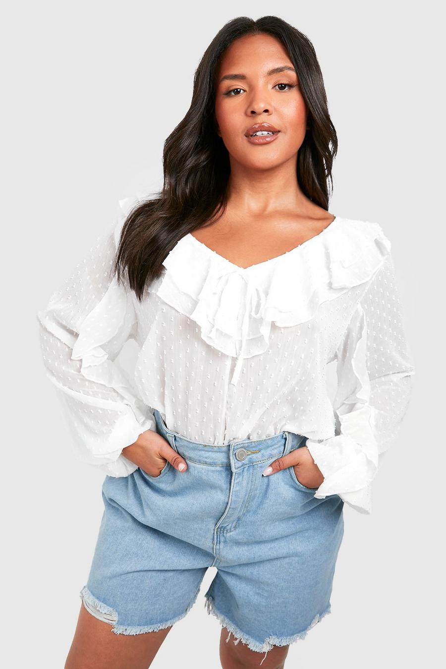 White Plus Dobby Ruffle Front Tie Front Blouse image number 1