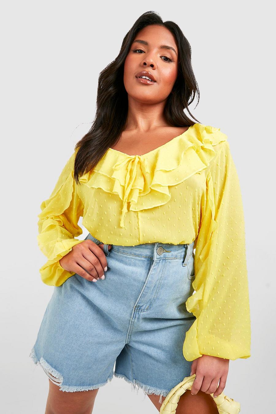 Yellow Plus Dobby Ruffle Front Tie Front Blouse image number 1