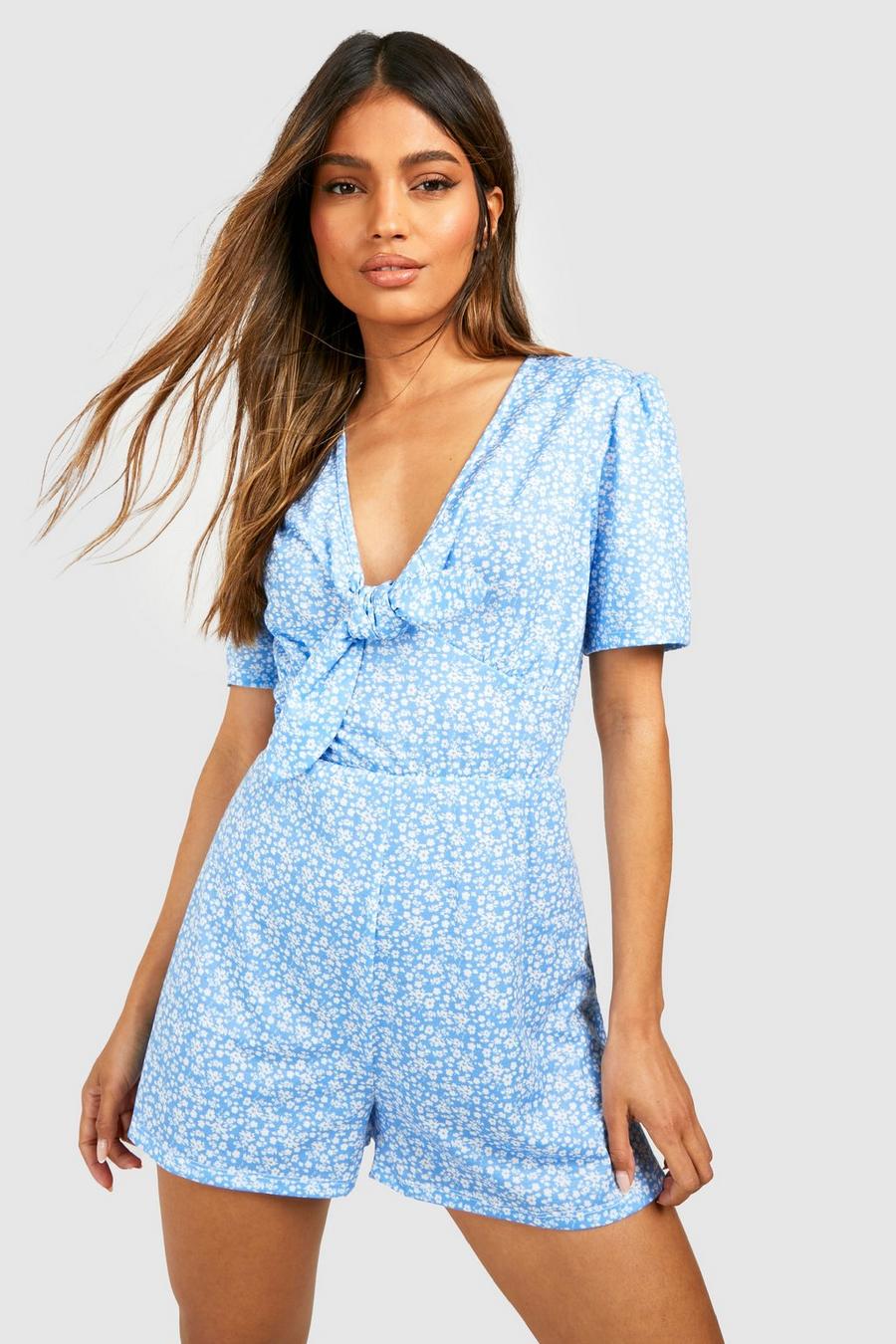 Ditsy Floral Tie Front Flippy Playsuit, Blue azul
