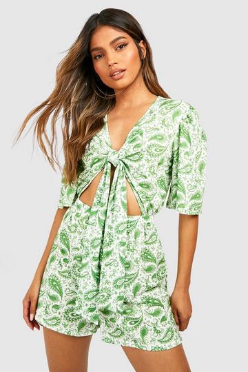 Green Paisley Print Tie Detail Romper