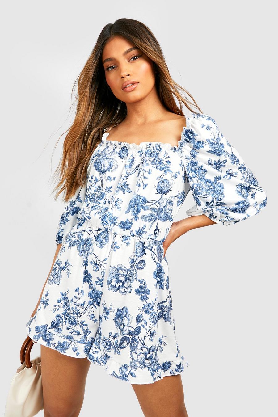Navy Porcelain Print Puff Sleeve Ruched Playsuit image number 1