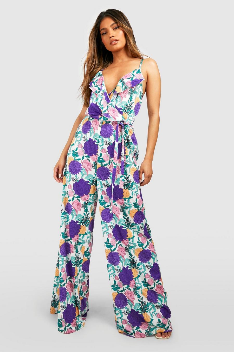 Purple Floral Strappy Ruffle Wide Leg Jumpsuit image number 1