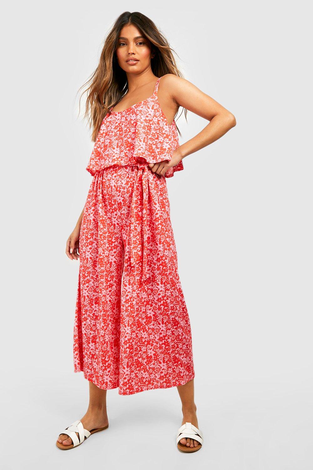 Red floral store culotte jumpsuit