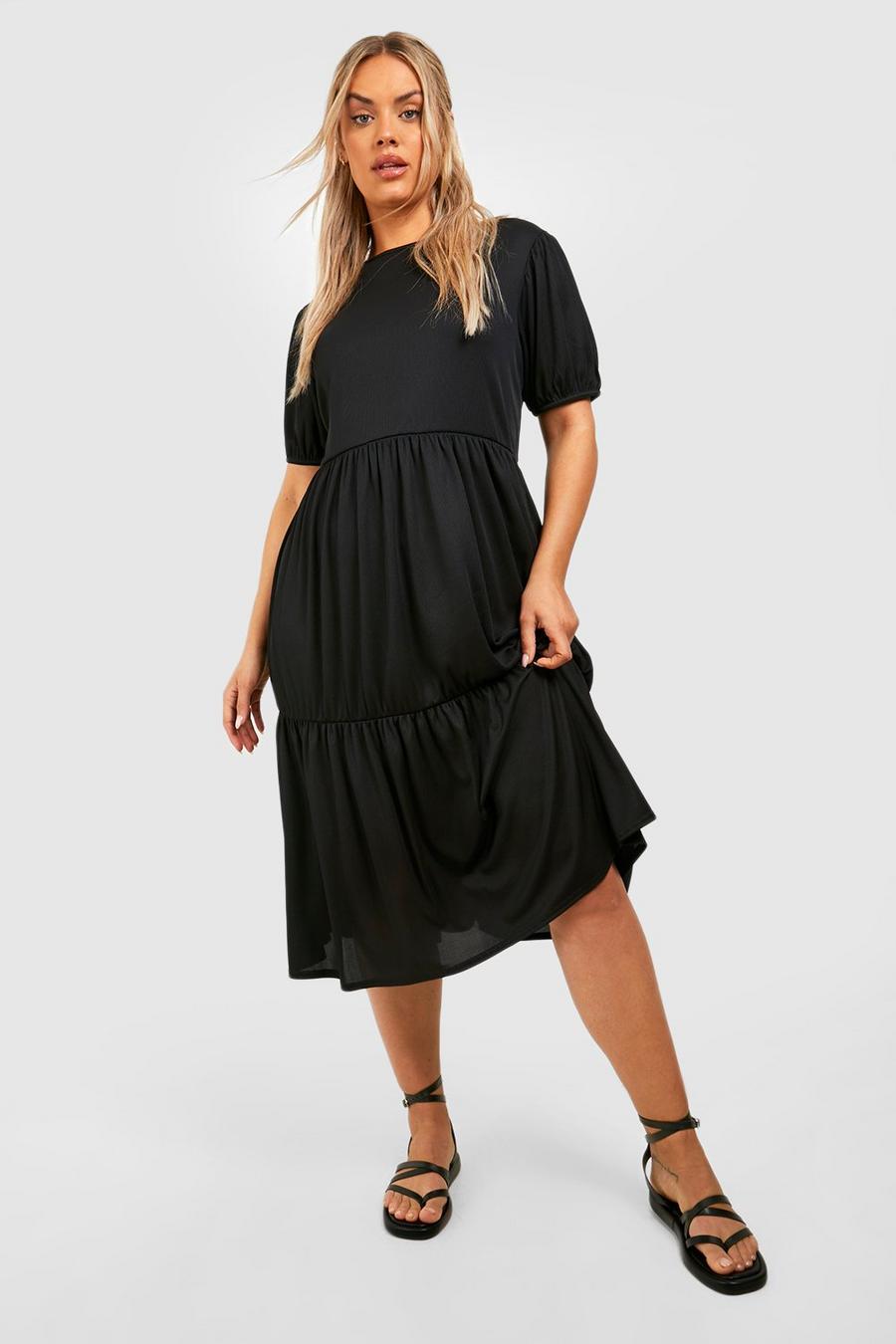 Black Plus Short Sleeve Rib Tiered Midi Smock Dress image number 1