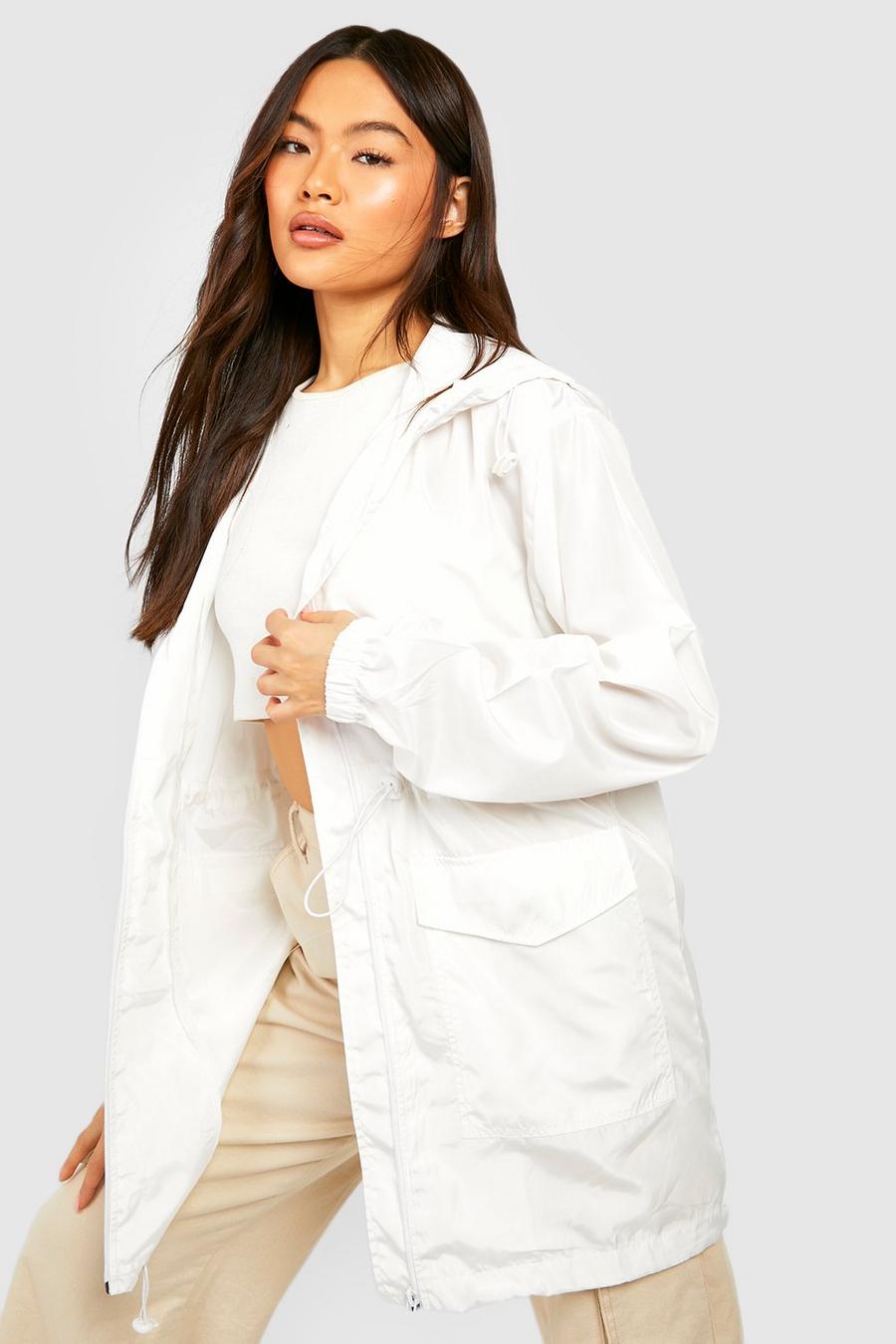 White Longline Hooded Synched Waist Parachute Mac