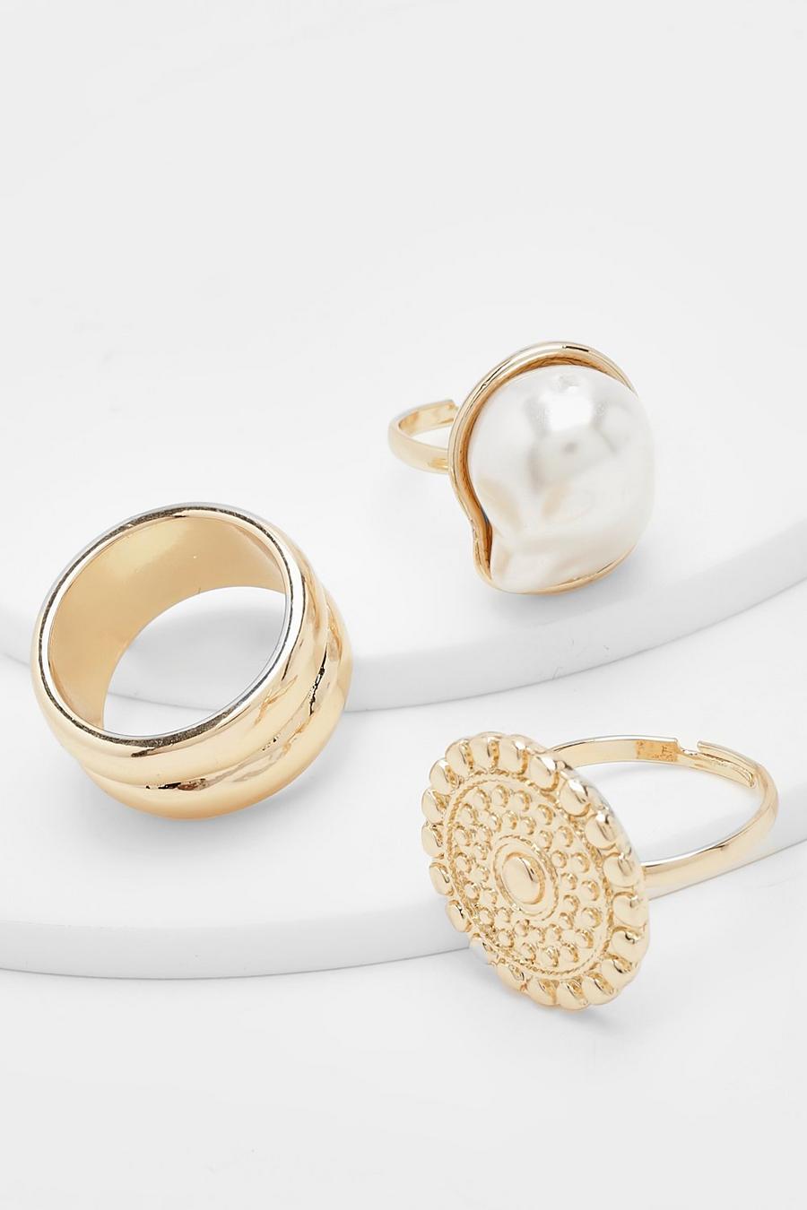 Gold Chunky Pearl Statement Ring Pack image number 1