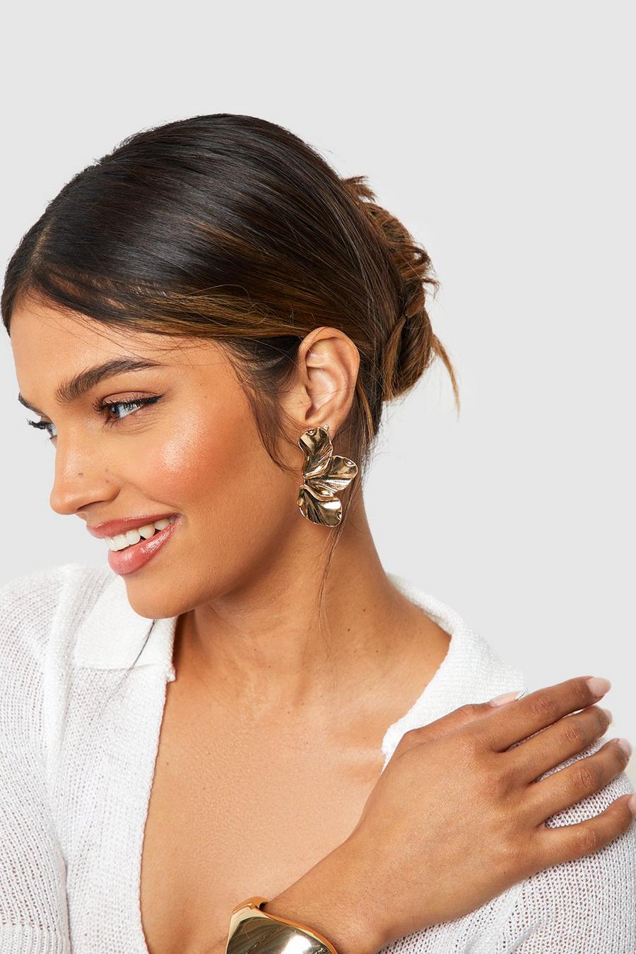 Gold metallic Petal Detail Statement Earrings