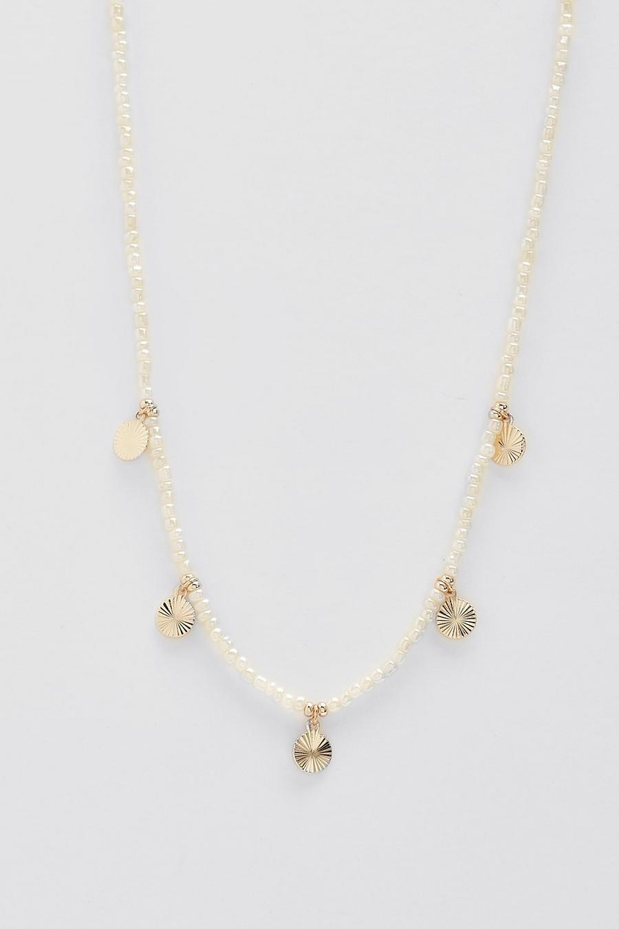 Cream white Bead Coin Detail Necklace