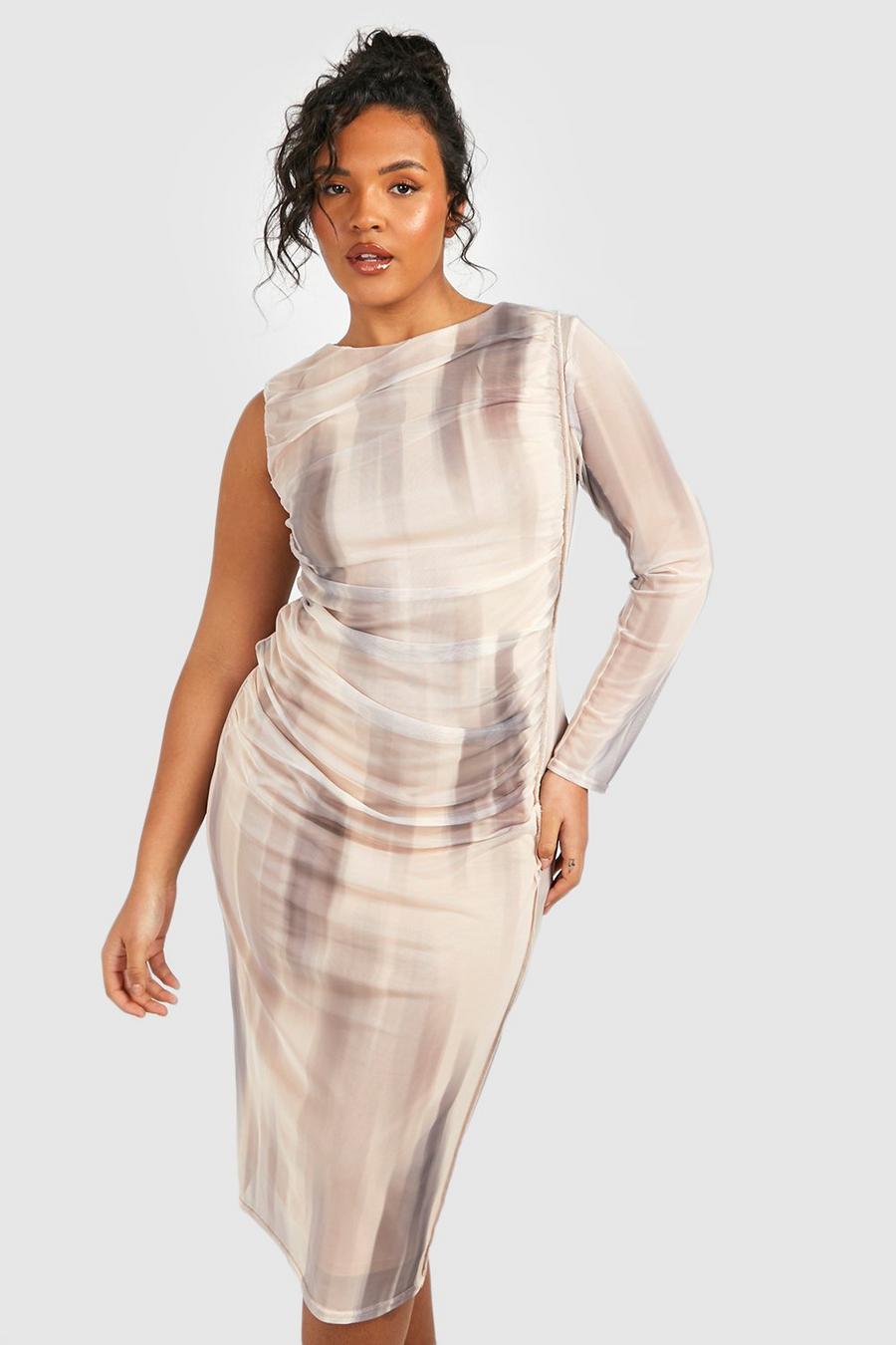 Plus Abstract Mesh One Sleeve Midi Dress image number 1