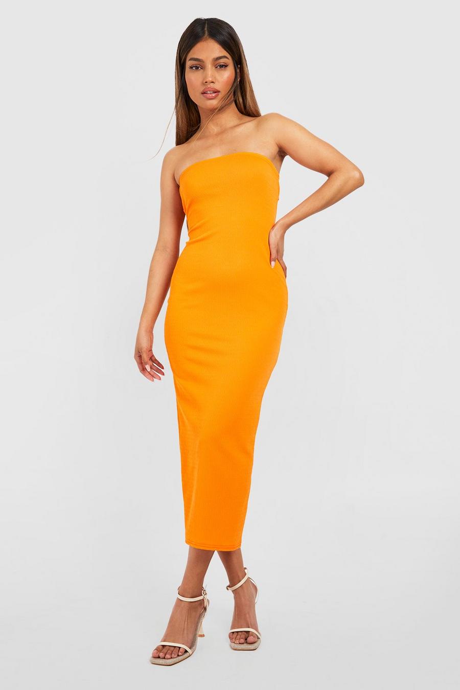 Orange Bandeau Low Back Textured Midi Dress image number 1