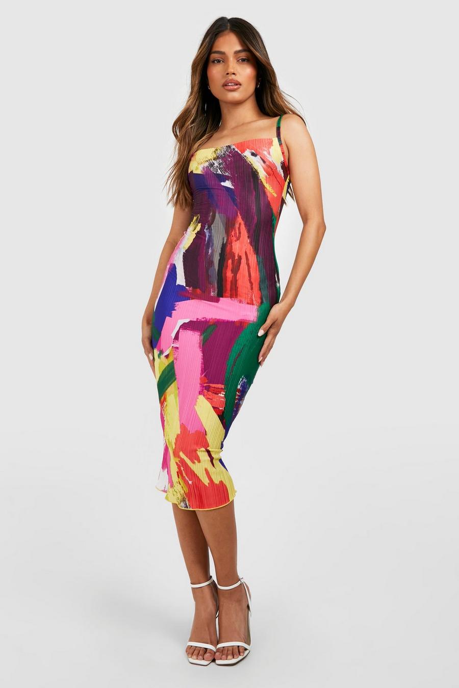 Vestido midi plisado con escote plisado y estampado abstracto, Multi image number 1