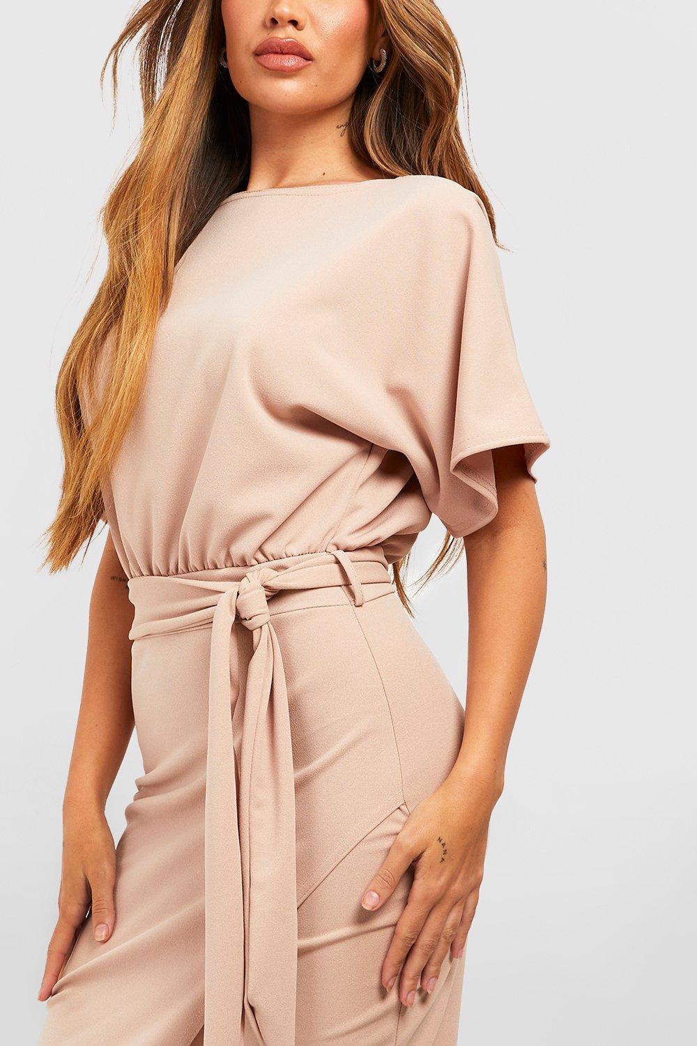 Boat Neck Tie Waist Midi Dress