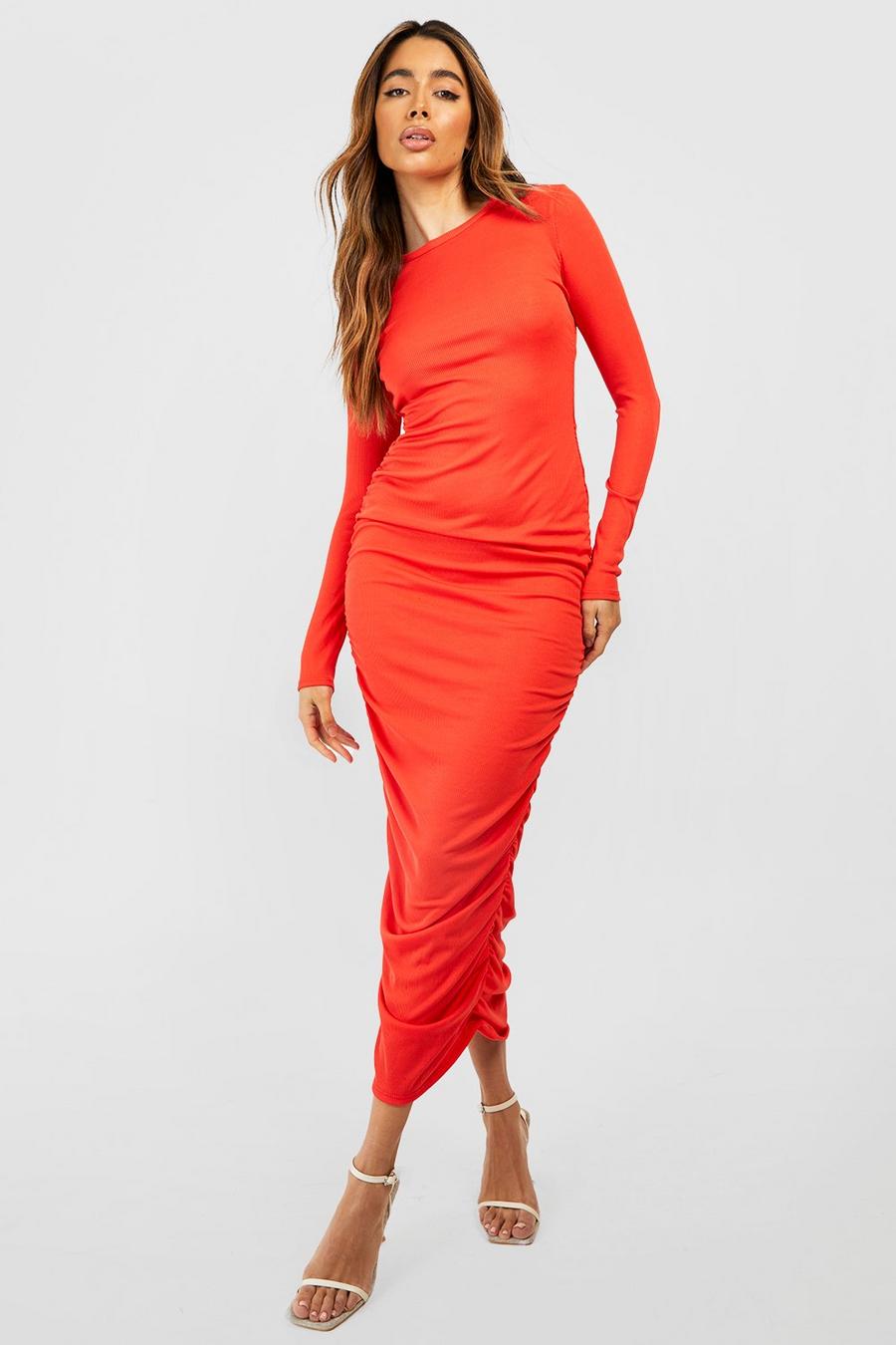 Orange Rib Long Sleeve Ruched Midi Dress image number 1