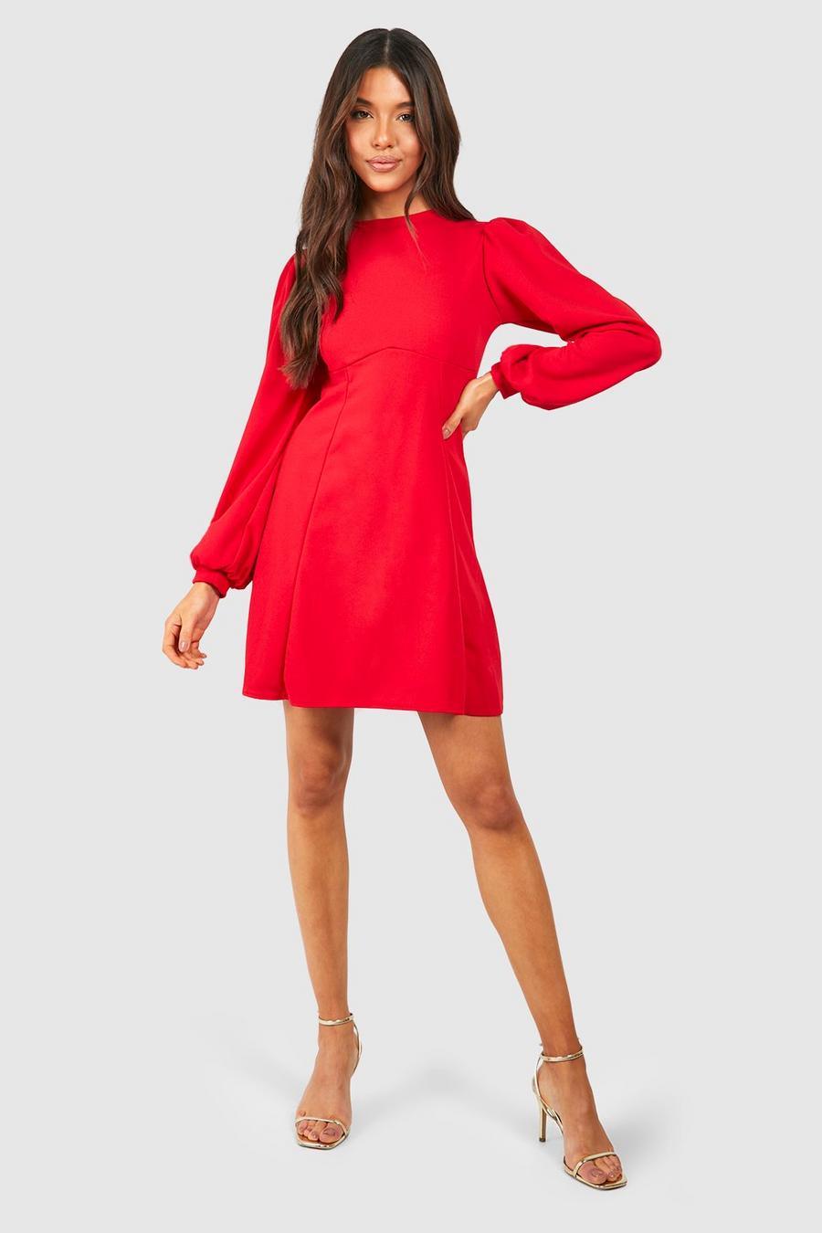 Skater-Kleid mit Blouson-Ärmeln, Red