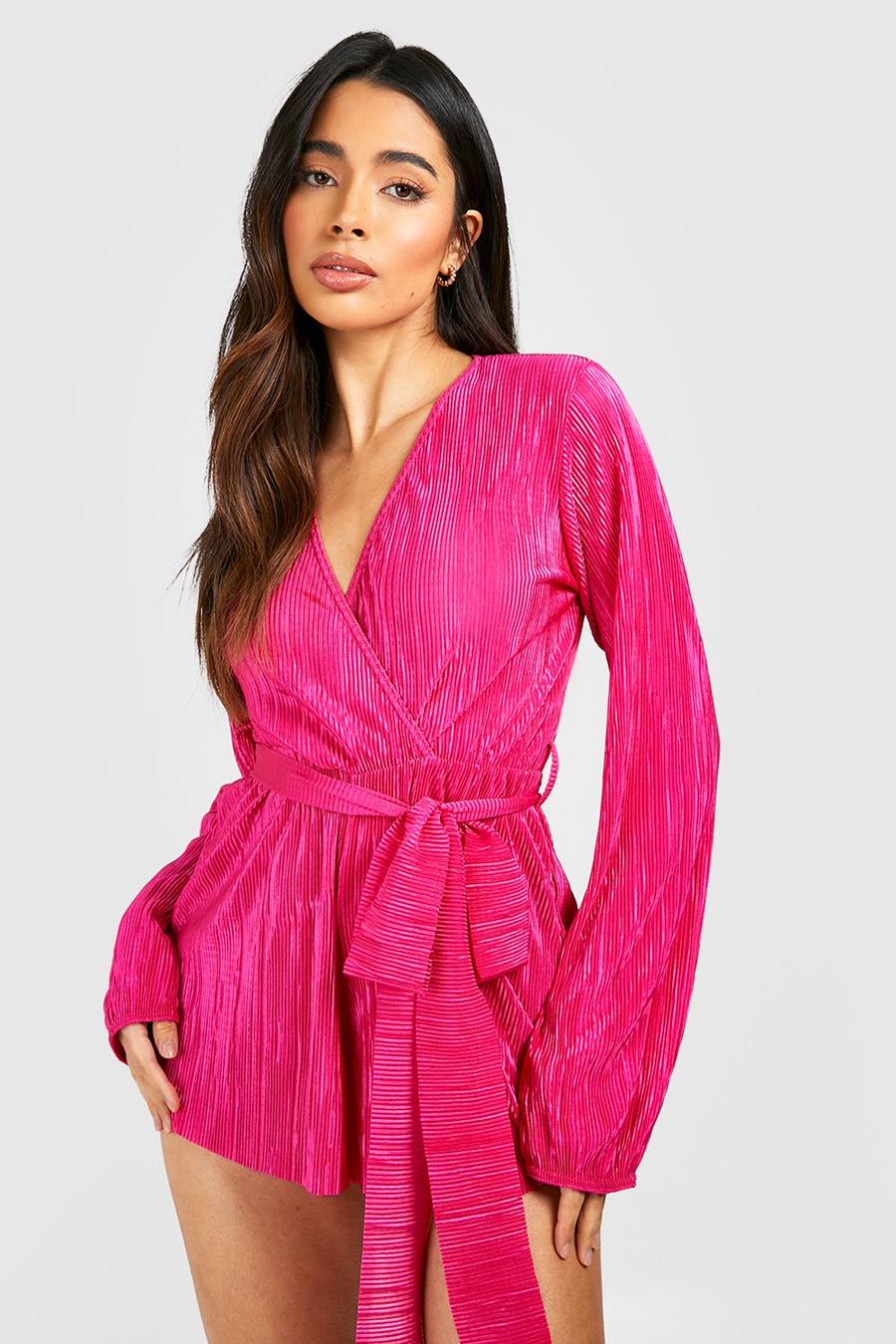 Bright pink Plisse Belted Wrap Playsuit