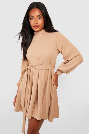 High Neck Balloon Sleeve Belted Skater Dress stone