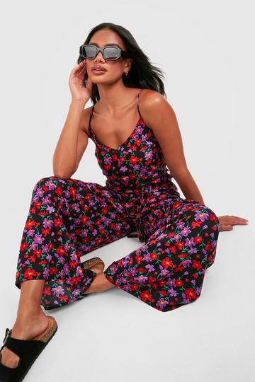 Floral Strappy V-Neck Jumpsuit black