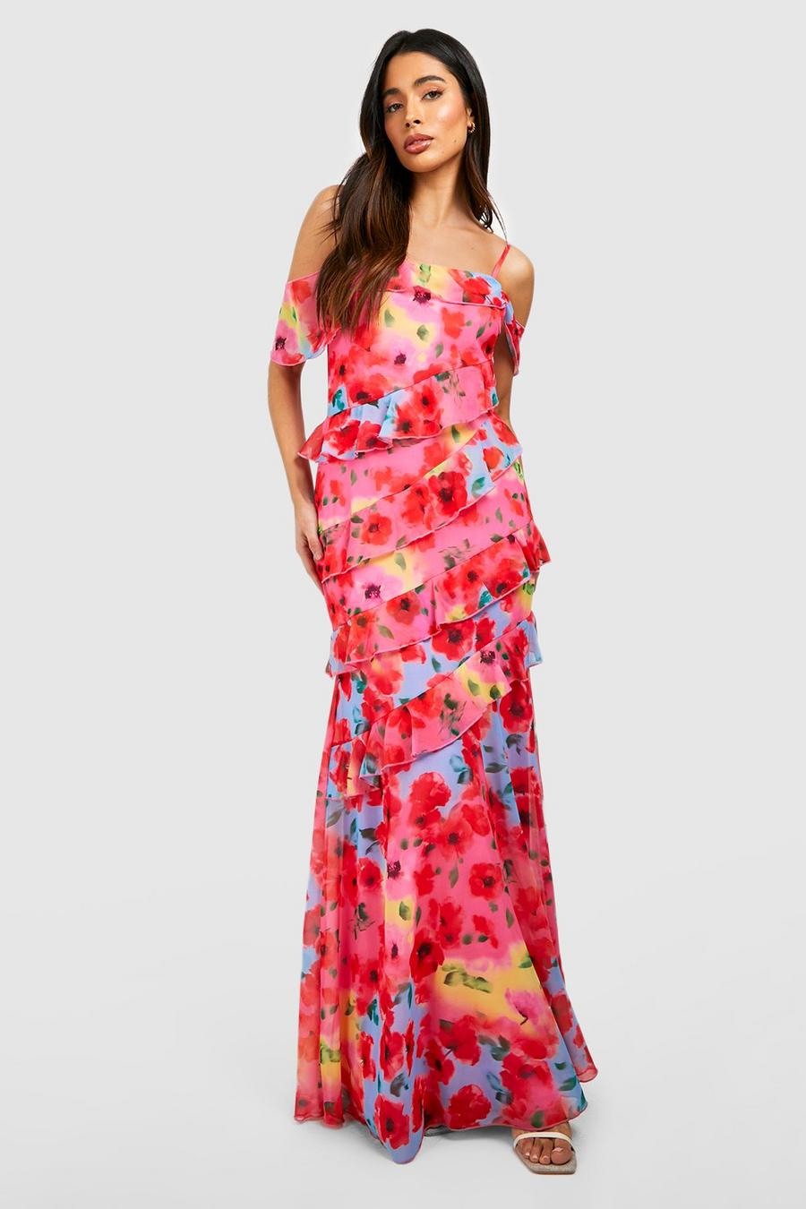 Pink Floral Ruffle Tiered Maxi Dress