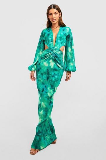 Green Blurred Floral Plisse Cut Out Maxi Dress