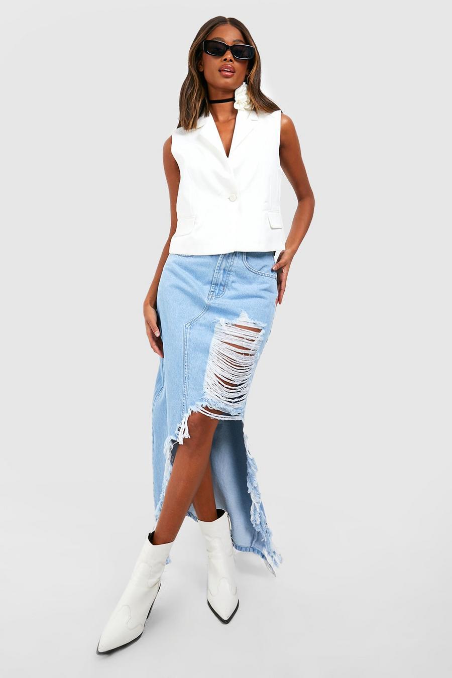  TheyLook Womens Ripped Long Denim Skirt Frayed Raw Hem Slit Maxi  Star Pattern Jean Skirt Fashion Blue : Clothing, Shoes & Jewelry