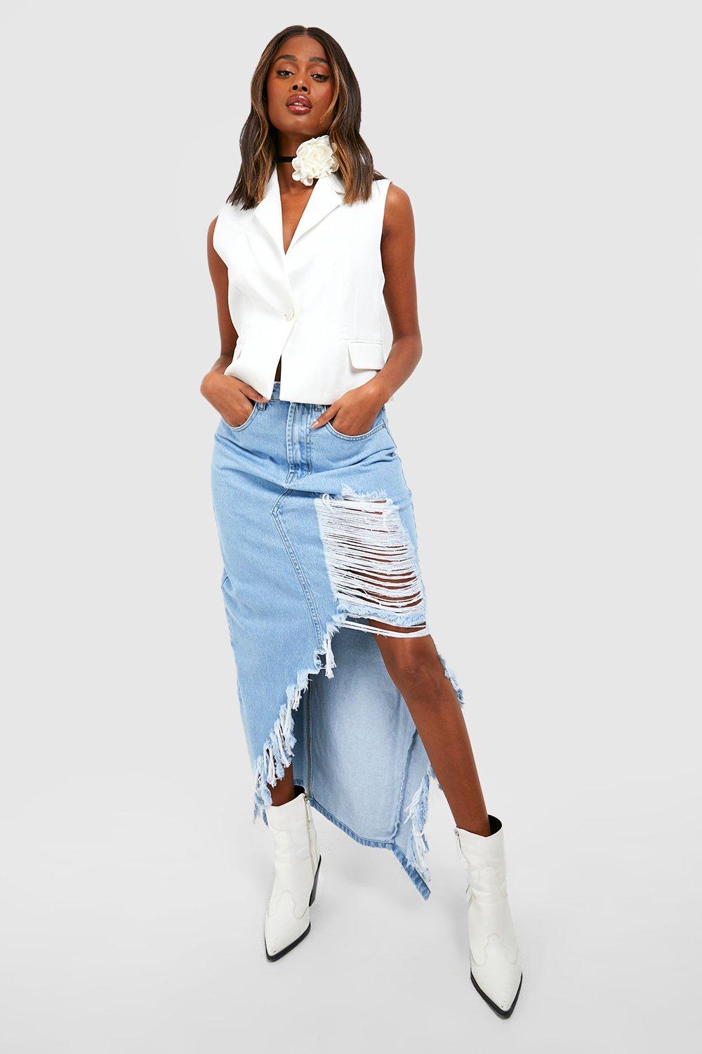 Ripped Split Detail Denim Maxi Skirt