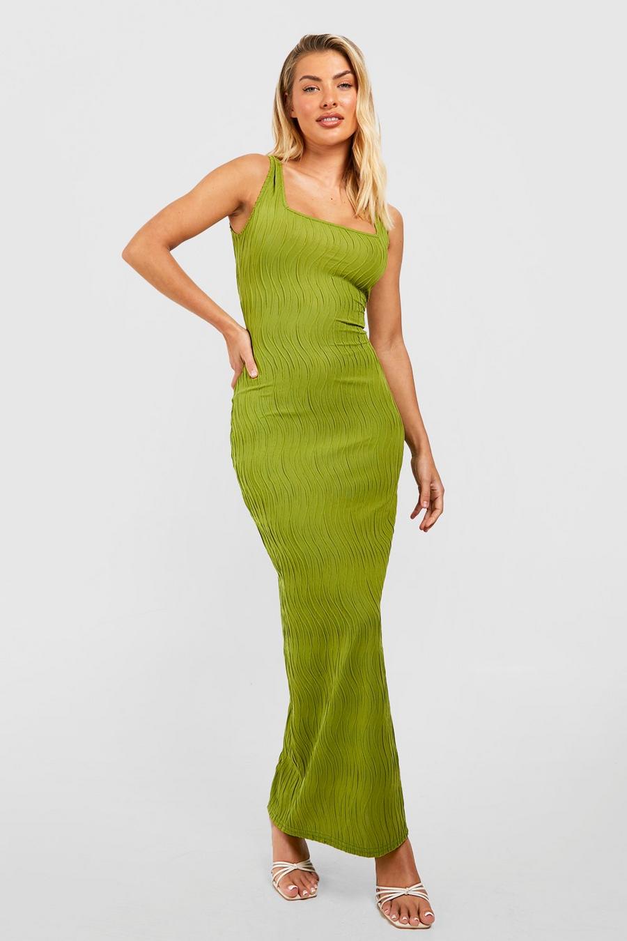 Olive green Textured Wave Rib Maxi Dress image number 1