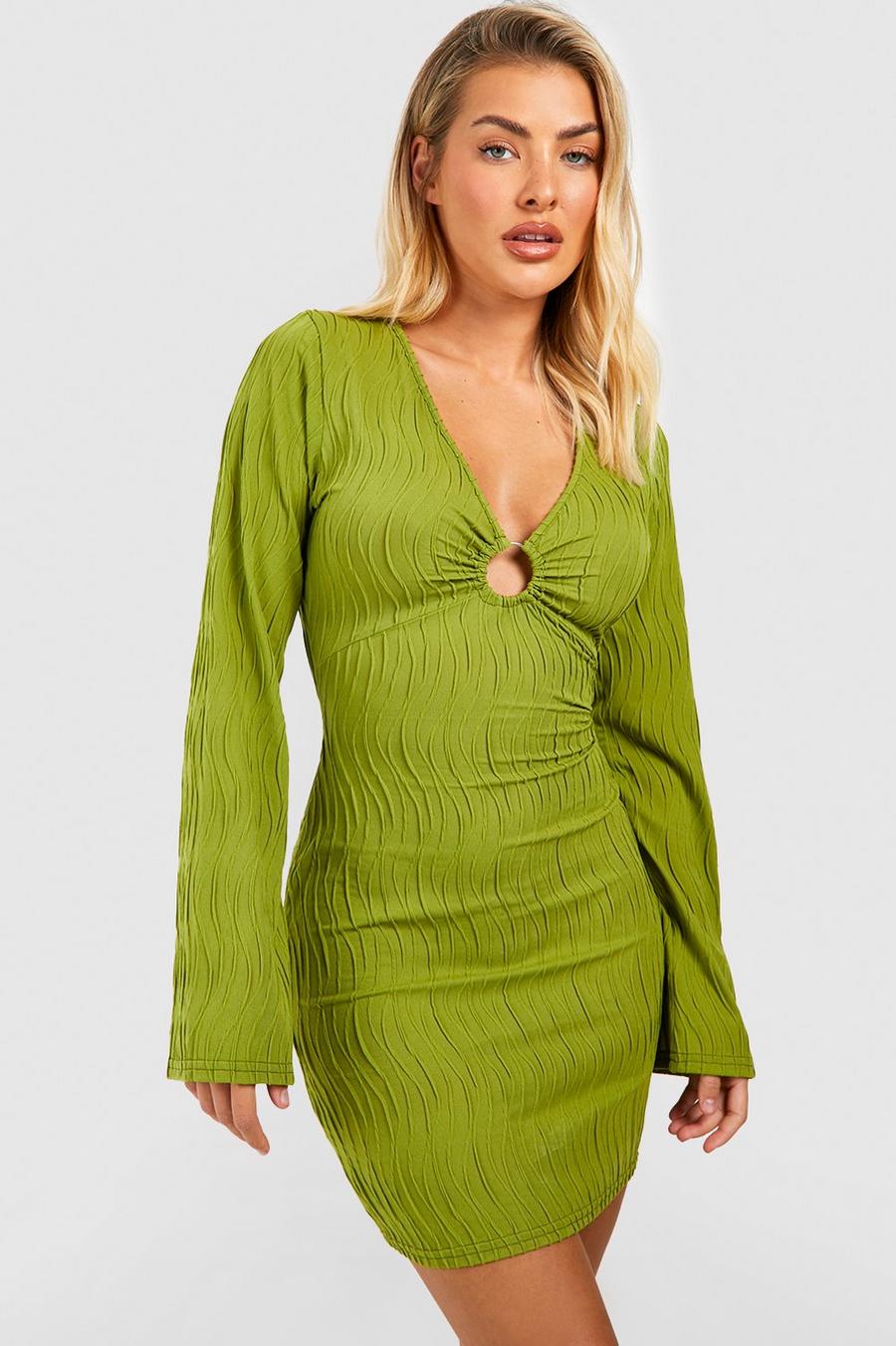 Olive green Textured Wave Rib Ring Detail Mini Dress