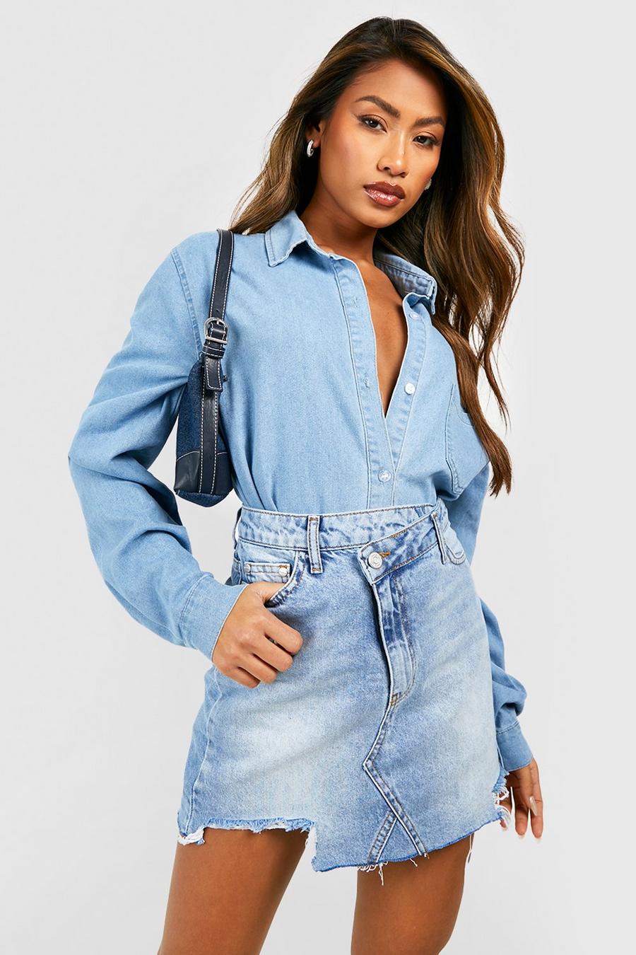 Women's High Waisted Jean Skirt Washed Distressed Split Button Up