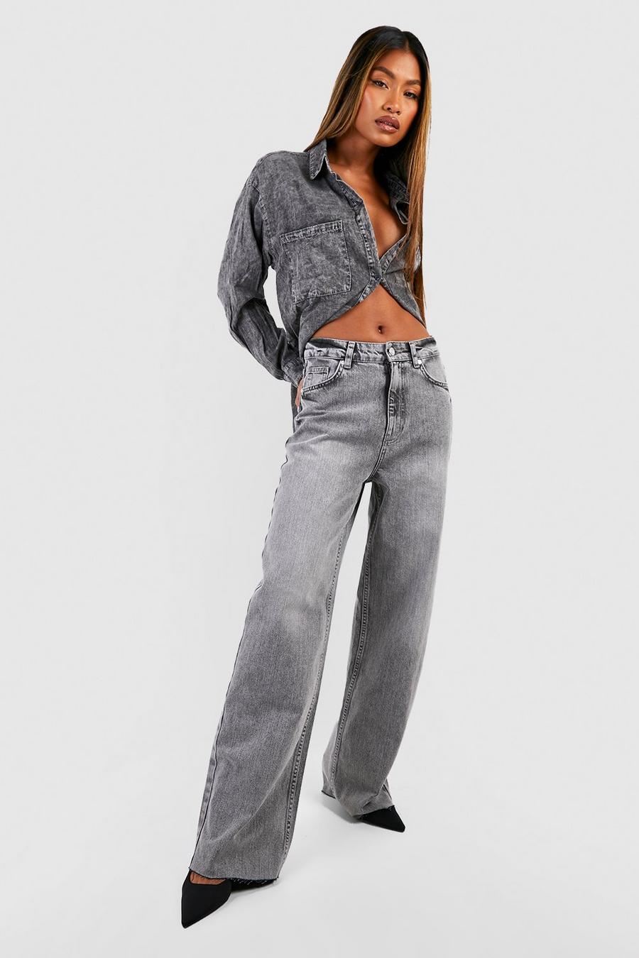 Jeans mit weitem Bein und rohem Saum, Mid grey image number 1