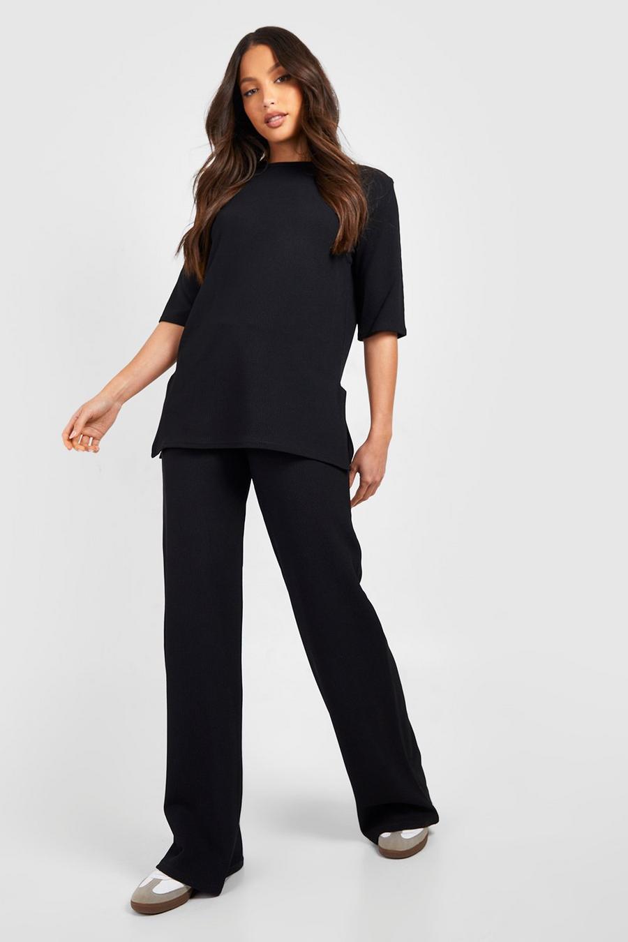 Black Tall Ripple Rib High Waisted Wide Leg Trouser image number 1